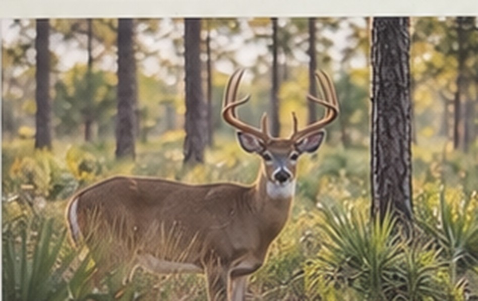 Illustrative image of a white-tailed buck among Florida pines and palmettos